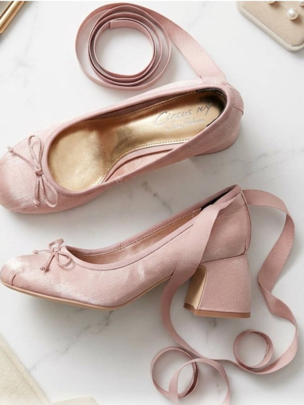 Circus NY by Sam Edelman Della Ballet Wrap Block Heel Pumps - Blush Shimmer 9.5